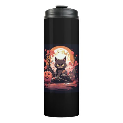 Haunted Halloween_ Sakura Black Cat Great Wave  Thermal Tumbler