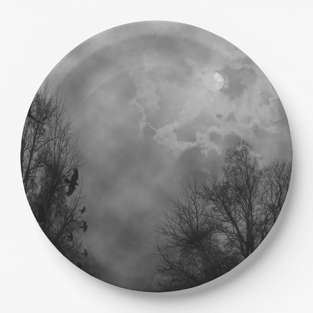 Haunted Halloween Sky with Ravens Paper Plates (Front)