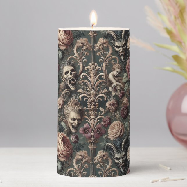 Haunted Harmonics – Gothic Altar in Tapestry Pillar Candle (In Situ)