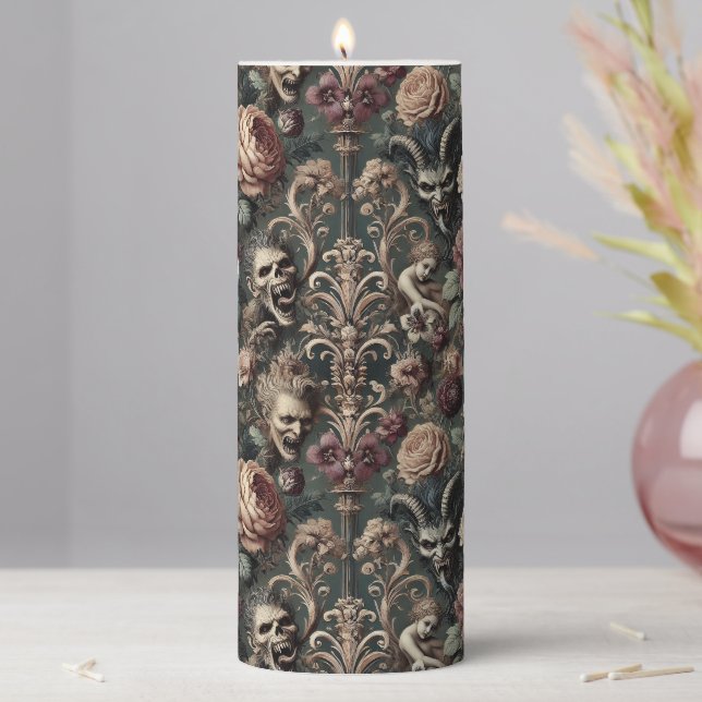 Haunted Harmonics – Gothic Sanctum in Tapestry Pillar Candle (In Situ)
