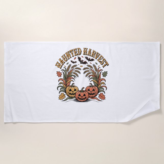 Haunted Harvest Retro Halloween Pumpkin Beach Towel (Front)