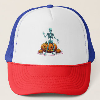 Haunted Harvest: Skeleton Pumpkin Tee Design hall Trucker Hat