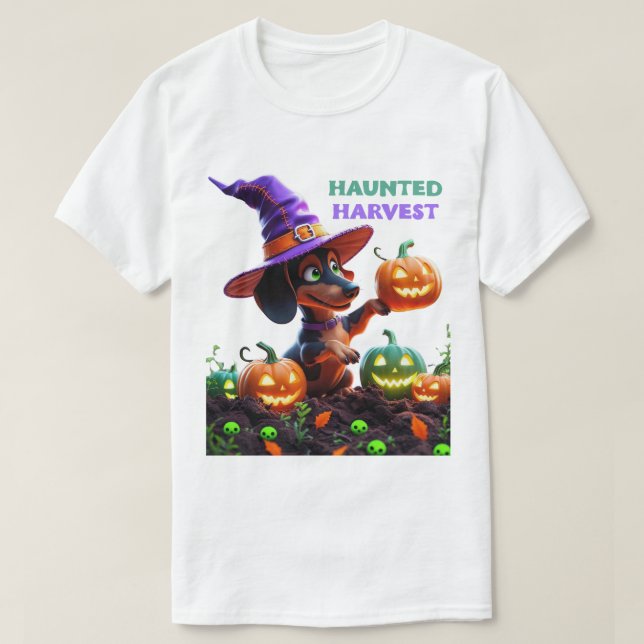Haunted Harvest – Witchy Dachshund Halloween Garde T-Shirt (Design Front)