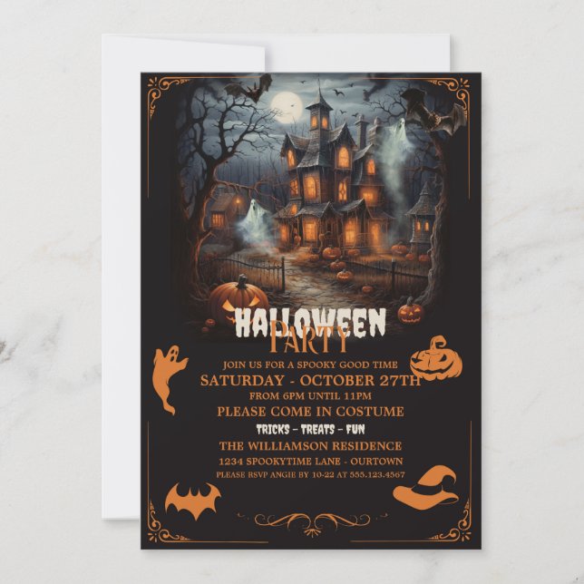 Haunted Hill Orange Halloween Party Invitation (Front)