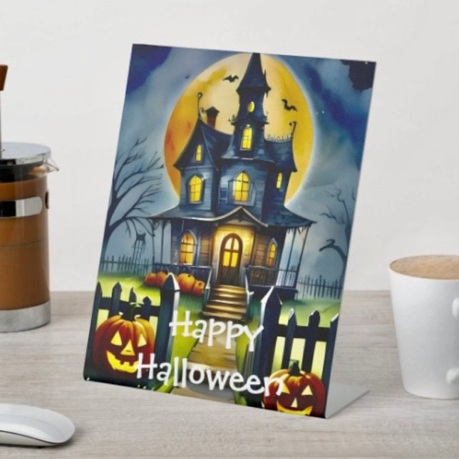 Haunted Hollow & Moon Pedestal Sign (D: 8" x 10" display with 3" pedestal base. Available in 4 sizes
Made of 1/16" white plastic.)