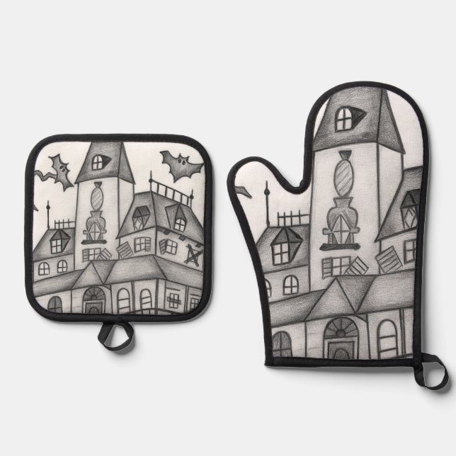 Haunted House and Bats Halloween  Oven Mitt & Pot Holder Set (Front)