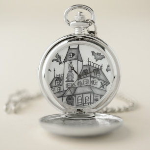 Haunted House and Bats Halloween Pocket Watch