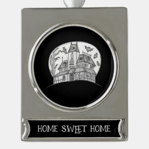 Haunted House and Bats Halloween Silver Plated Banner Ornament