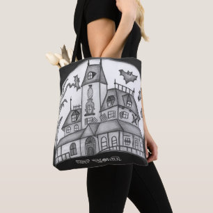 Haunted House and Bats Halloween Tote Bag