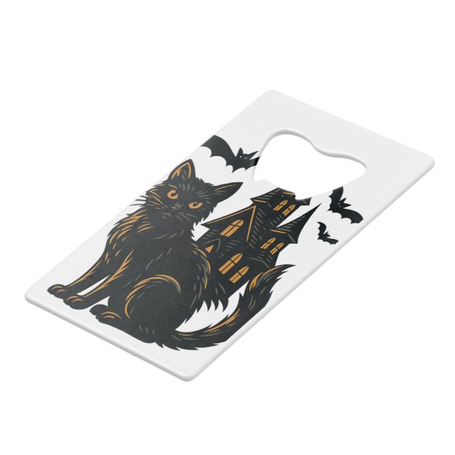 Haunted House and black cat Credit Card Bottle Opener (Front Angled)