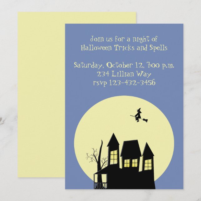 Haunted House and Flying Witch Invitation (Front/Back)