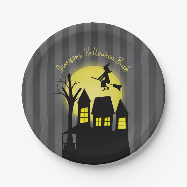 Haunted House and Flying Witch with Moonlight Paper Plates (Front)