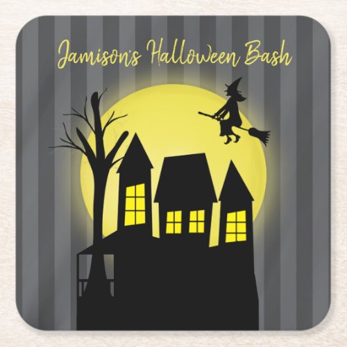 Haunted House and Flying Witch with Moonlight Square Paper Coaster