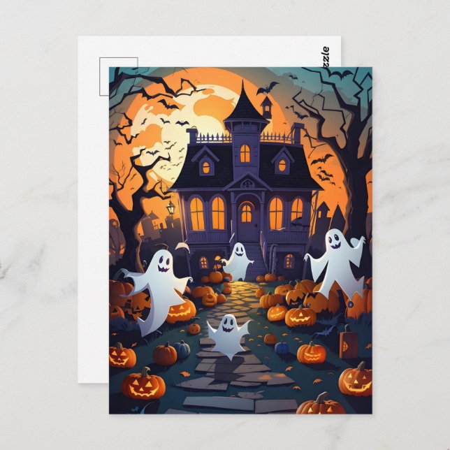 Haunted House and Ghost Halloween  Postcard (Front/Back)