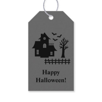 Haunted House And Happy Halloween Text Gray Gift Tags
