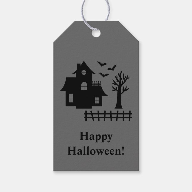 Haunted House And Happy Halloween Text Gray Gift Tags (Front)
