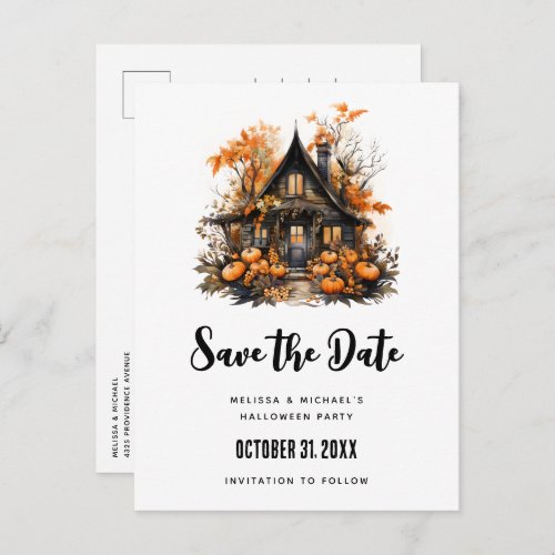 Haunted House and Pumpkins Halloween Save the Date Invitation Postcard