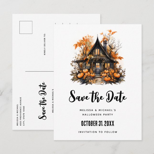 Haunted House and Pumpkins Halloween Save the Date Invitation Postcard (Front/Back)