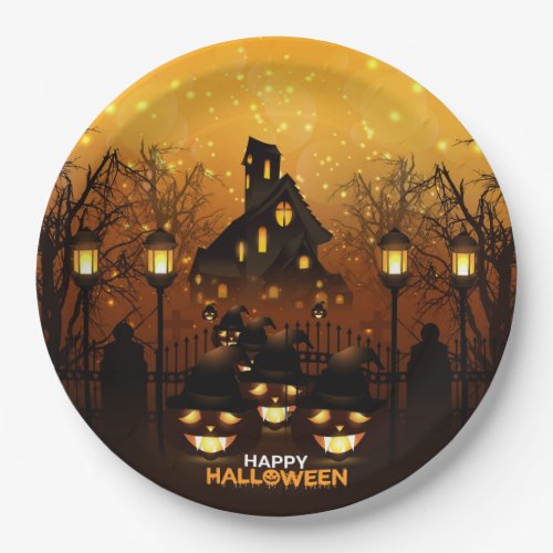 Haunted House and Pumpkins Paper Plates