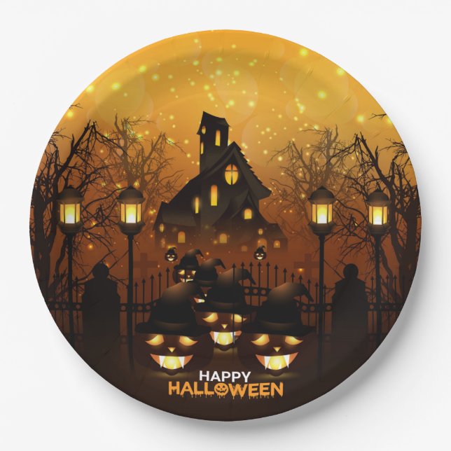 Haunted House and Pumpkins Paper Plates (Front)