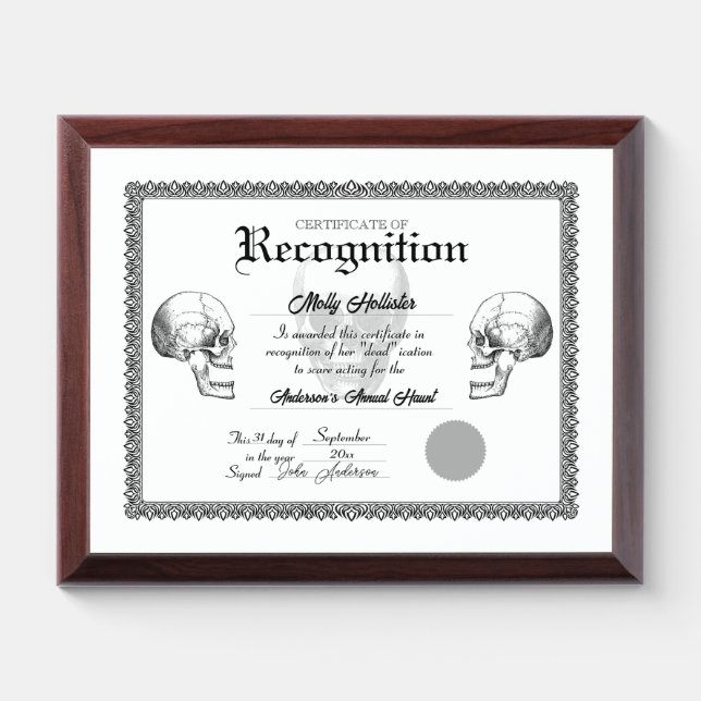 Haunted House award certificate Plaque (Horizontal)