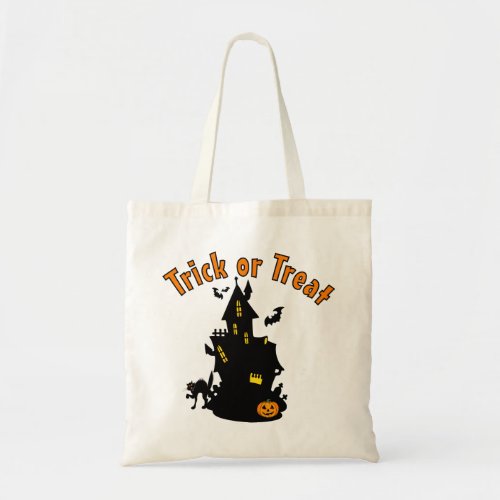 Haunted House Bats and Black Cat Trick or Treat Tote Bag
