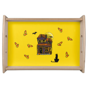 Haunted House, Bats and Cats Halloween Serving Tra Serving Tray
