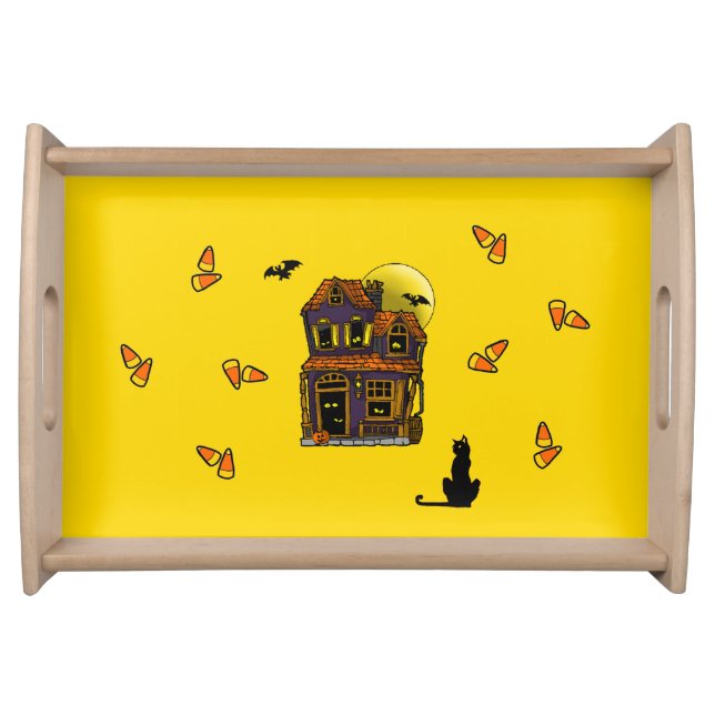Haunted House, Bats and Cats Halloween Serving Tra Tray (Front)