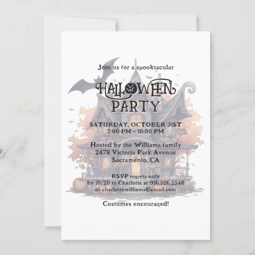 Haunted House Bats Pumpkin Halloween Party Invitation
