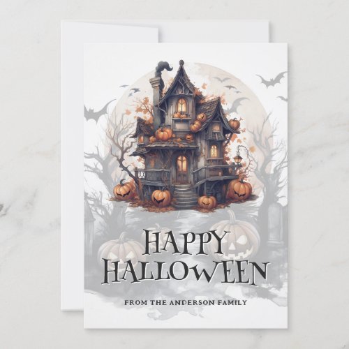 Haunted House Bats Pumpkins Happy Halloween Holiday Card