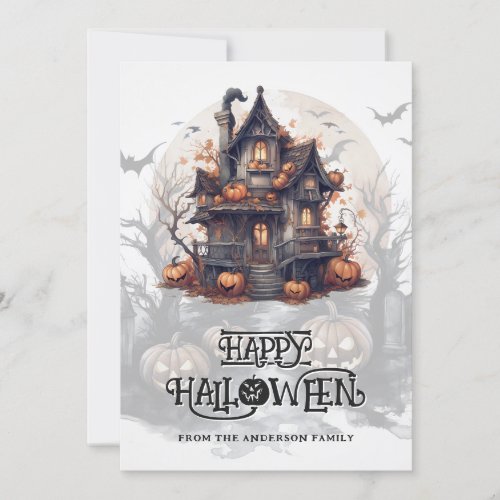 Haunted House Bats Pumpkins Happy Halloween Holiday Card