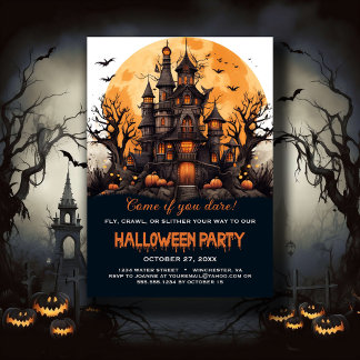 Haunted House Bats Trees Spooky Halloween Party Invitation