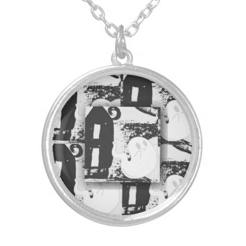 Haunted House Black and White Tile Pattern      Silver Plated Necklace
