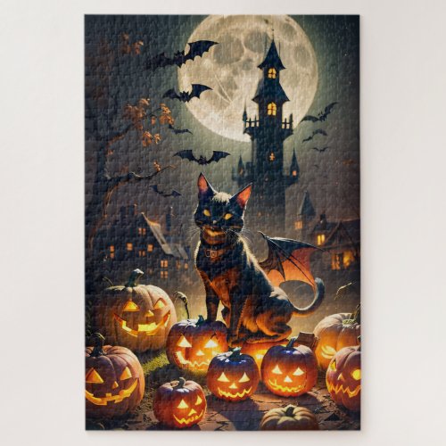 Haunted House Black Cat Bat Jack_o_lanterns Jigsaw Puzzle