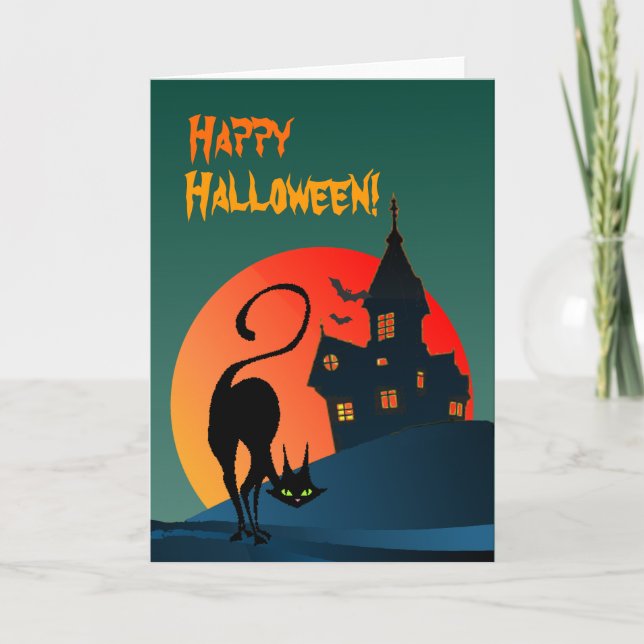 HAUNTED HOUSE & BLACK CAT by SHARON SHARPE Card (Front)