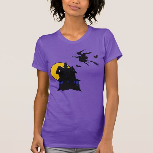 Haunted House Broom Flying Witch   Halloween Tee