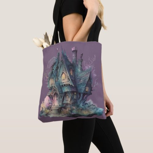 Haunted House Creepy Spooky Green Pink Halloween Tote Bag
