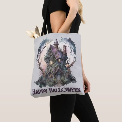 Haunted House Creepy Spooky Purple Green Halloween Tote Bag