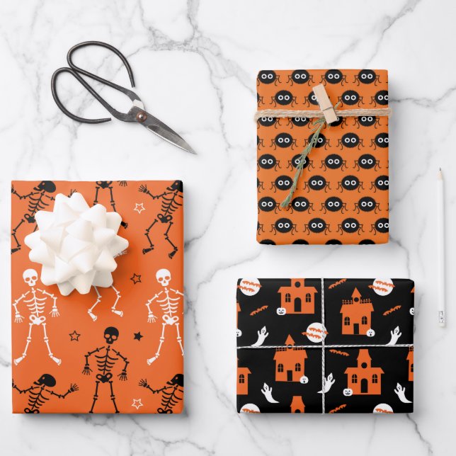 HAUNTED HOUSE, DANCING SKELETON AND SPIDERS WRAPPING PAPER SHEETS (Front)