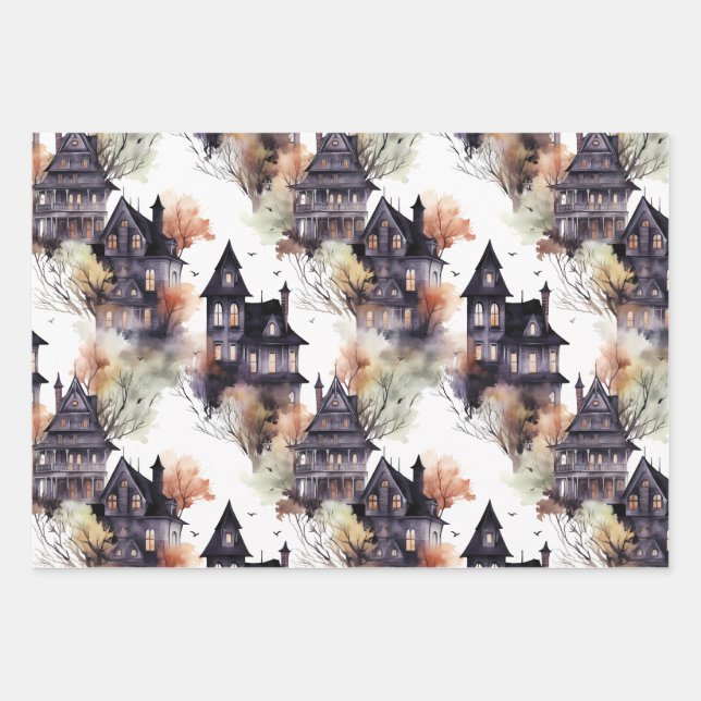 Haunted House Elegant Halloween Wrapping Paper Sheets (Front)