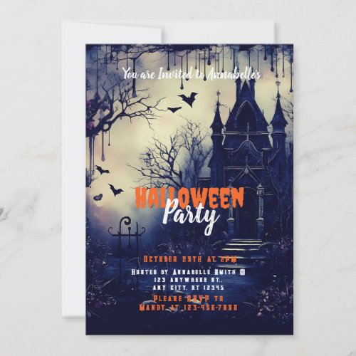 Haunted House Flying Bats Creepy Halloween Party Invitation