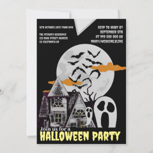 Haunted House & Flying Bats Halloween Invitation