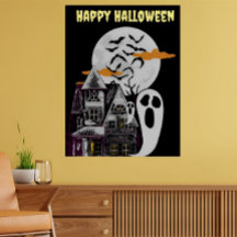 Haunted House & Flying Bats Halloween Posters 