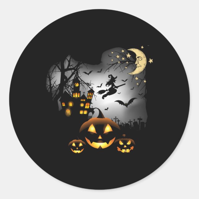 Haunted House - Flying Witch - Jack O Lantern  Classic Round Sticker (Front)