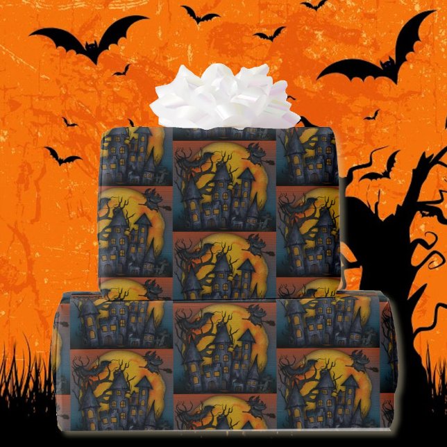 Haunted House Flying Witches Halloween Dark Wrapping Paper (30 inches wide available in 5 lengths)