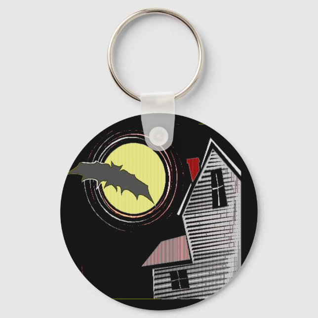 Haunted House Full Moon and Bat Keychain (Front)