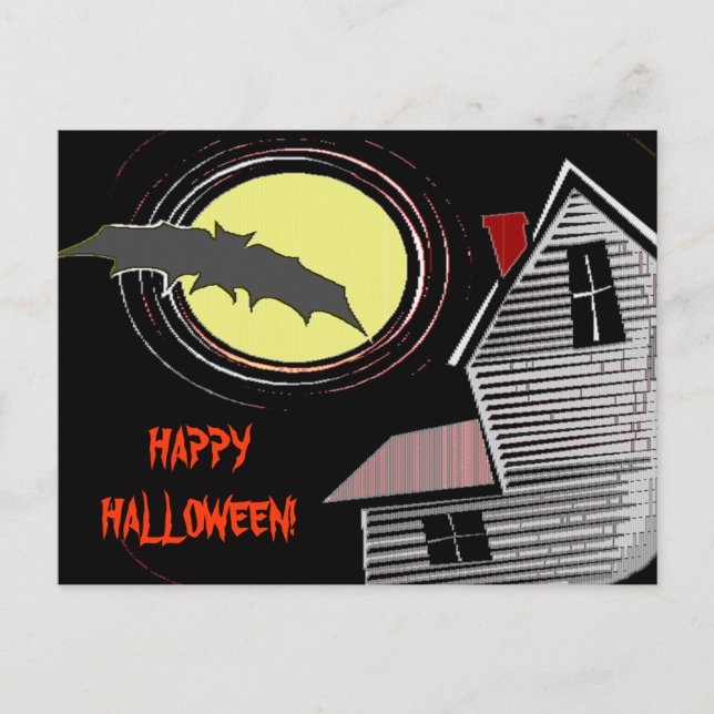 Haunted House Full Moon and Bat Postcard (Front)