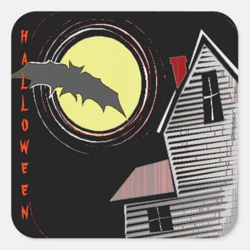 Haunted House Full Moon and Bat Square Sticker