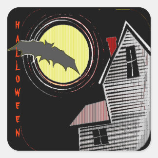 Haunted House Full Moon and Bat Square Sticker