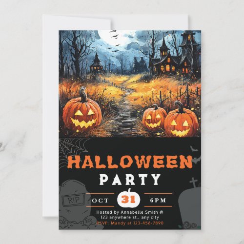 Haunted House Full Moon and Bats Black Halloween Invitation